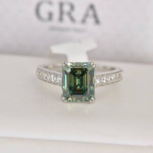 GRA Certified 4ct Blue Green Emerald Cut Moissanite Engagement Ring 925 Sterling